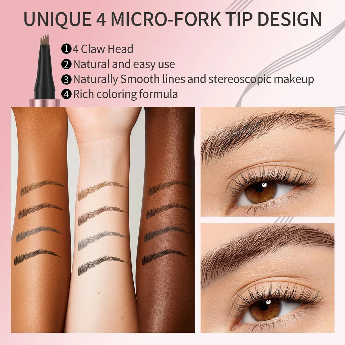 QIC Waterproof Microblading Eyebrow Pen - 4 Split Head, Natural Look Brow Makeup in 6 Colors for All Skin Types