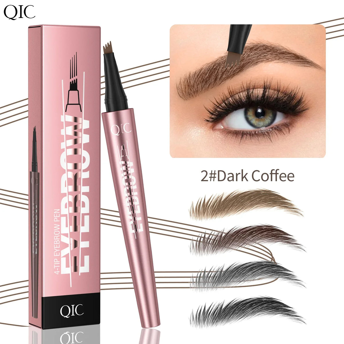 QIC Waterproof Microblading Eyebrow Pen - 4 Split Head, Natural Look Brow Makeup in 6 Colors for All Skin Types